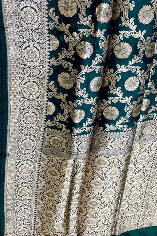 Green Banarasi Handloom Pure Katan Silk Saree - Luxurion World