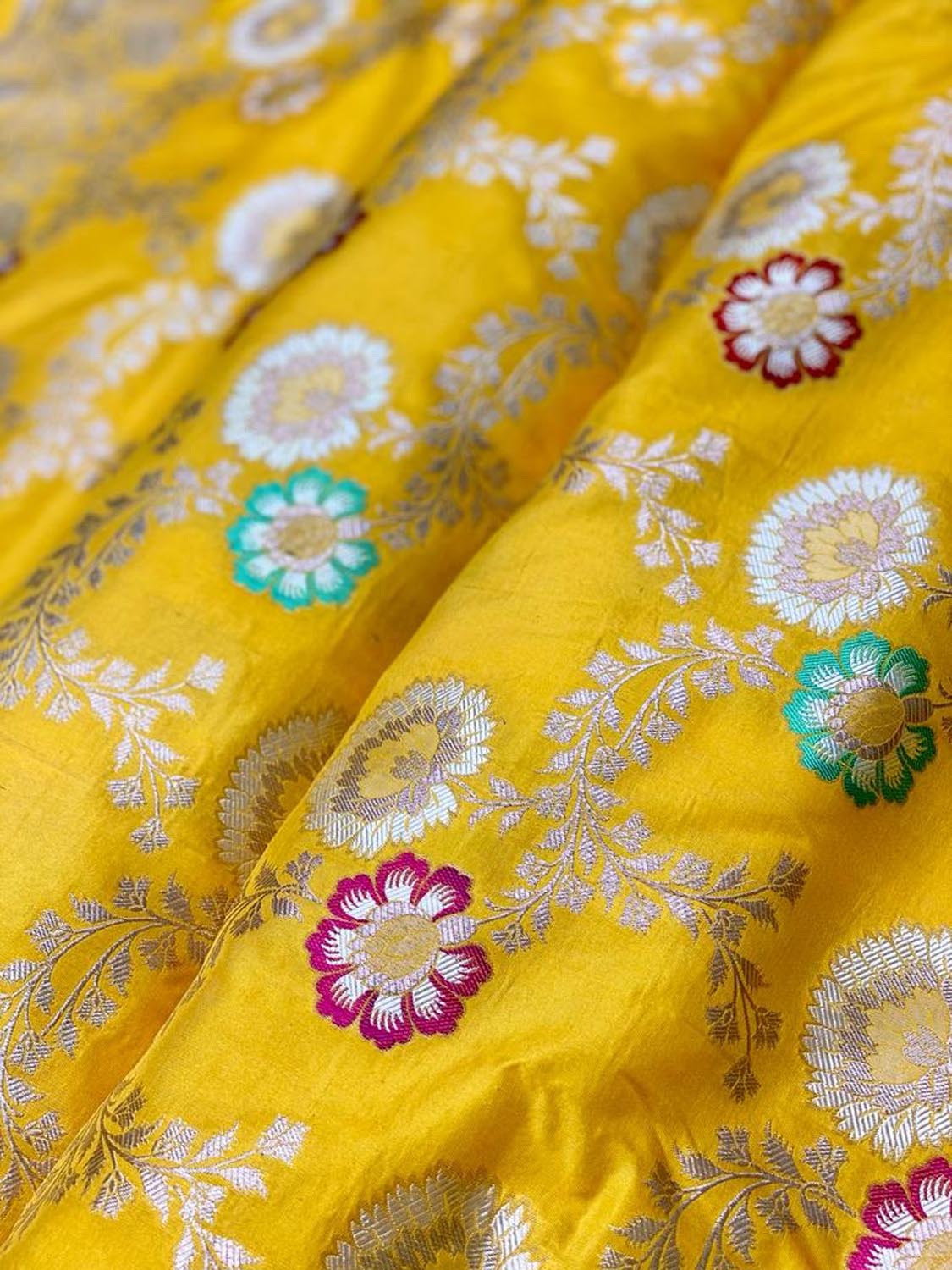 Yellow Banarasi Handloom Pure Katan Silk Meenakari Saree - Luxurion World