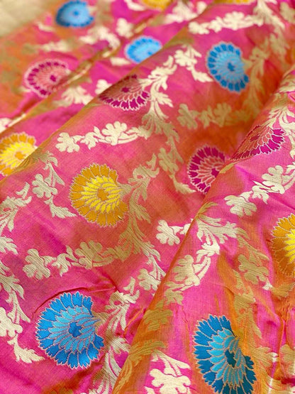 Pink Banarasi Handloom Pure Katan Silk Meenakari Saree - Luxurion World