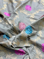 Elegant Grey Banarasi Handloom Pure Katan Silk Kadwa Meenakari Saree - Luxurion World