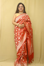 Red Banarasi Handloom Pure Katan Silk Flower Design Jaal Work Saree - Luxurion World