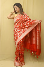 Red Banarasi Handloom Pure Katan Silk Flower Design Jaal Work Saree - Luxurion World
