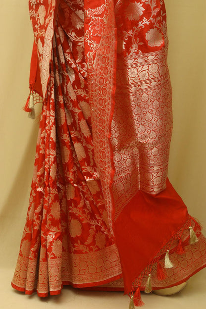 Red Banarasi Handloom Pure Katan Silk Flower Design Jaal Work Saree - Luxurion World