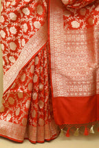 Red Banarasi Handloom Pure Katan Silk Flower Design Jaal Work Saree - Luxurion World