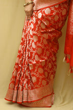 Red Banarasi Handloom Pure Katan Silk Flower Design Jaal Work Saree - Luxurion World