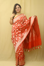 Red Banarasi Handloom Pure Katan Silk Flower Design Jaal Work Saree - Luxurion World