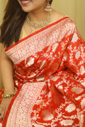 Red Banarasi Handloom Pure Katan Silk Flower Design Jaal Work Saree - Luxurion World