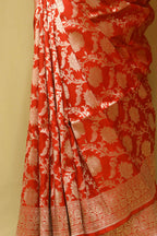 Red Banarasi Handloom Pure Katan Silk Flower Design Jaal Work Saree - Luxurion World