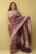 Purple Banarasi Handloom Pure Katan Silk Flower Design Jaal Work Saree - Luxurion World