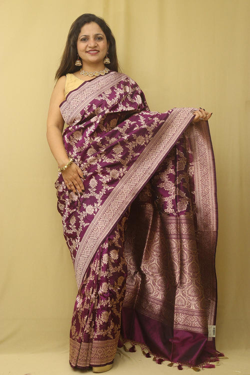 Purple Banarasi Handloom Pure Katan Silk Flower Design Jaal Work Saree - Luxurion World