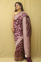 Purple Banarasi Handloom Pure Katan Silk Flower Design Jaal Work Saree - Luxurion World