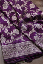 Purple Banarasi Handloom Pure Katan Silk Flower Design Jaal Work Saree - Luxurion World