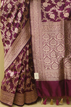 Purple Banarasi Handloom Pure Katan Silk Flower Design Jaal Work Saree - Luxurion World