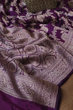 Purple Banarasi Handloom Pure Katan Silk Flower Design Jaal Work Saree - Luxurion World