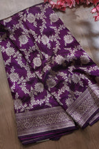 Purple Banarasi Handloom Pure Katan Silk Flower Design Jaal Work Saree - Luxurion World