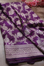 Purple Banarasi Handloom Pure Katan Silk Flower Design Jaal Work Saree - Luxurion World