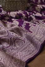 Purple Banarasi Handloom Pure Katan Silk Flower Design Jaal Work Saree - Luxurion World