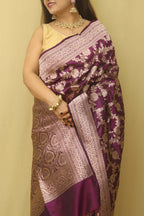 Purple Banarasi Handloom Pure Katan Silk Flower Design Jaal Work Saree - Luxurion World