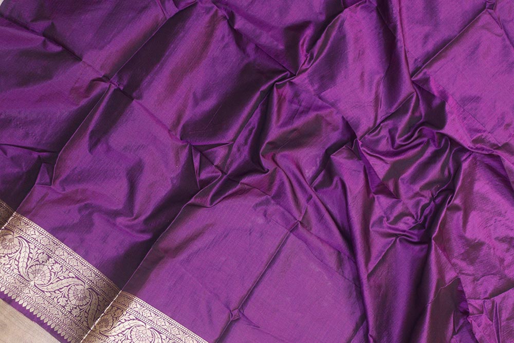 Purple Banarasi Handloom Pure Katan Silk Flower Design Jaal Work Saree - Luxurion World