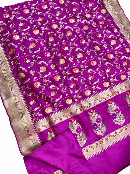 Exquisite Pink Banarasi Handloom Meenakari Pure Katan Silk Saree - Luxurion World
