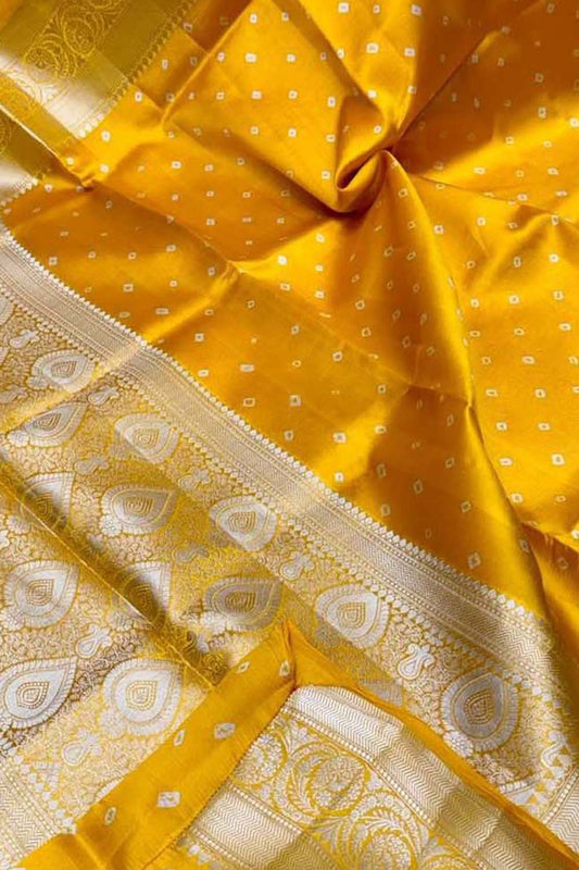 Yellow Banarasi Silk Bandhani Saree - Handloom Beauty - Luxurion World