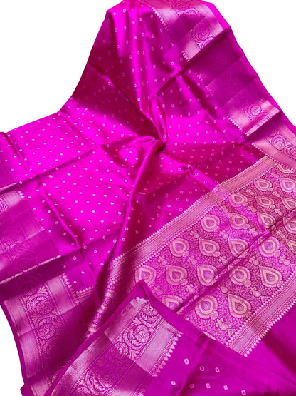 Exquisite Pink Banarasi Silk Bandhani Saree - Luxurion World