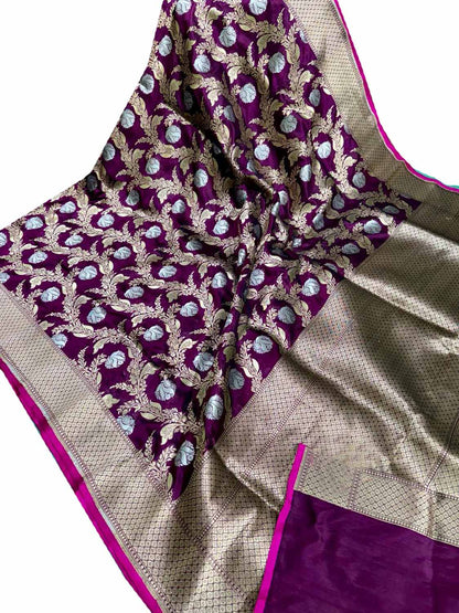 Exquisite Purple Banarasi Silk Saree - Handloom Katan - Luxurion World