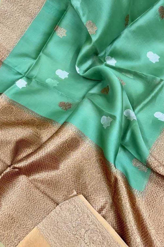 Ethically crafted Green Banarasi Kora Silk Saree