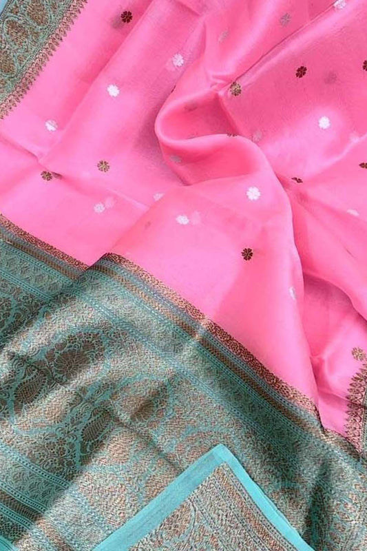 Exquisite Pink Handloom Banarasi Pure Kora Silk Saree