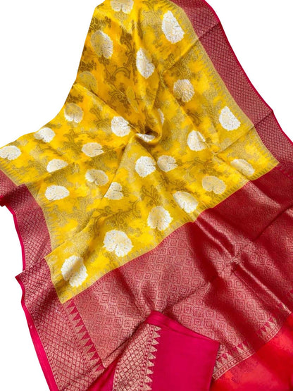 Exquisite Yellow Handloom Banarasi Pure Kora Silk Saree - Luxurion World