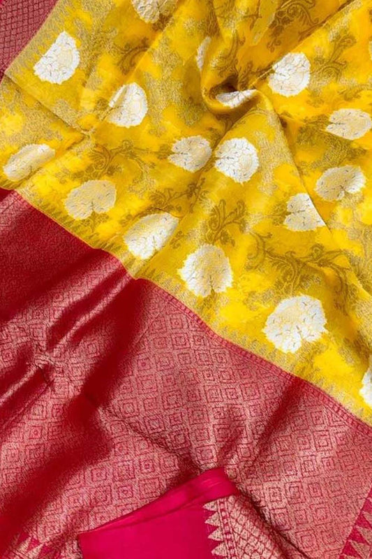 Exquisite Yellow Handloom Banarasi Pure Kora Silk Saree