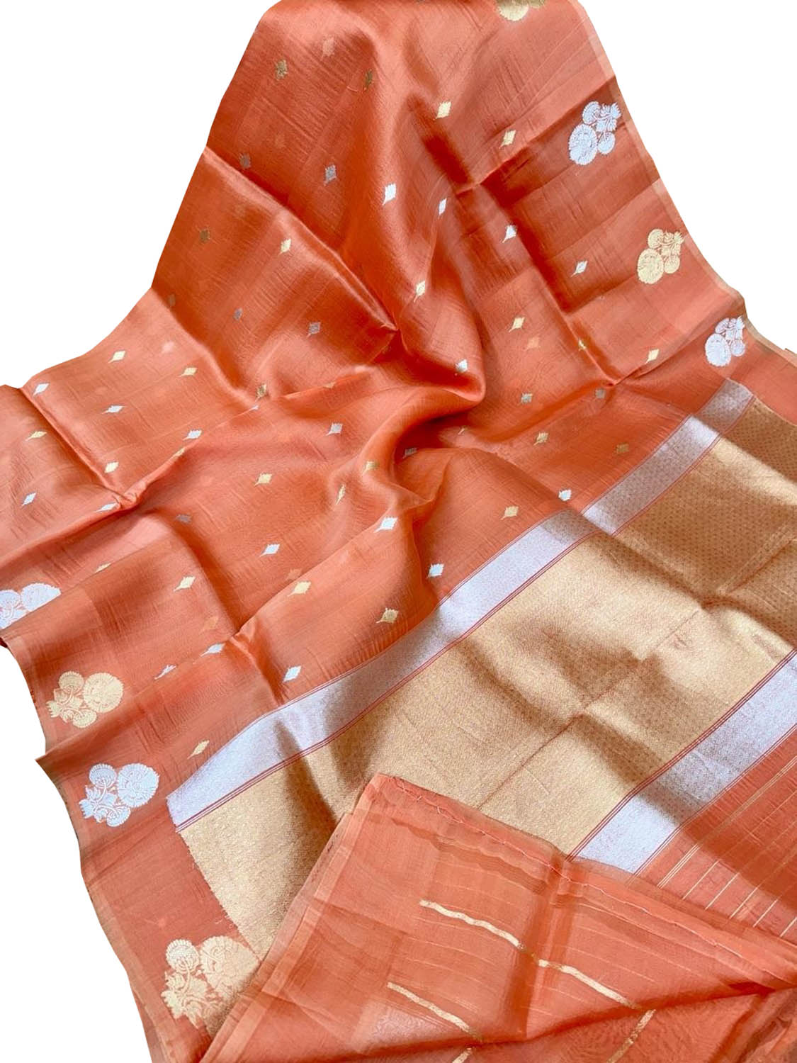 Exquisite Orange Handloom Banarasi Pure Kora Silk Saree - Luxurion World