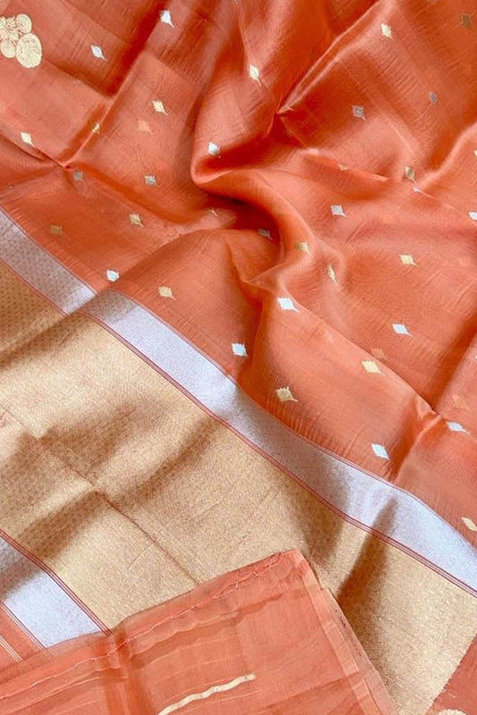 Exquisite Orange Handloom Banarasi Pure Kora Silk Saree