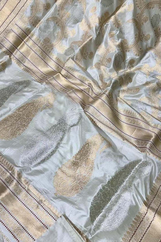 Elegant Grey Banarasi Silk Saree - Handloom Pure Katan