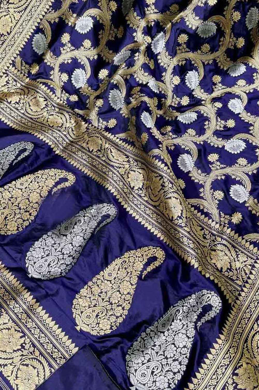Elegant Blue Banarasi Silk Saree - Handloom Beauty - Luxurion World