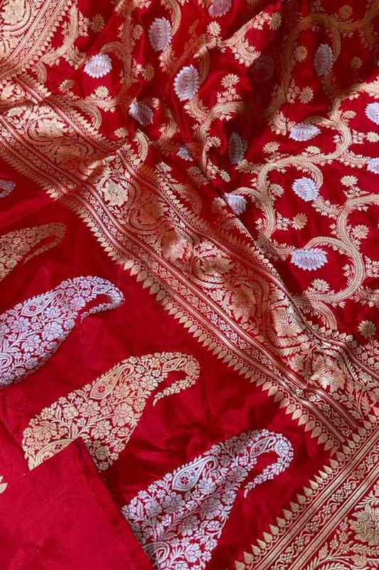 Elegant Red Banarasi Silk Saree: Handloom Katan Silk