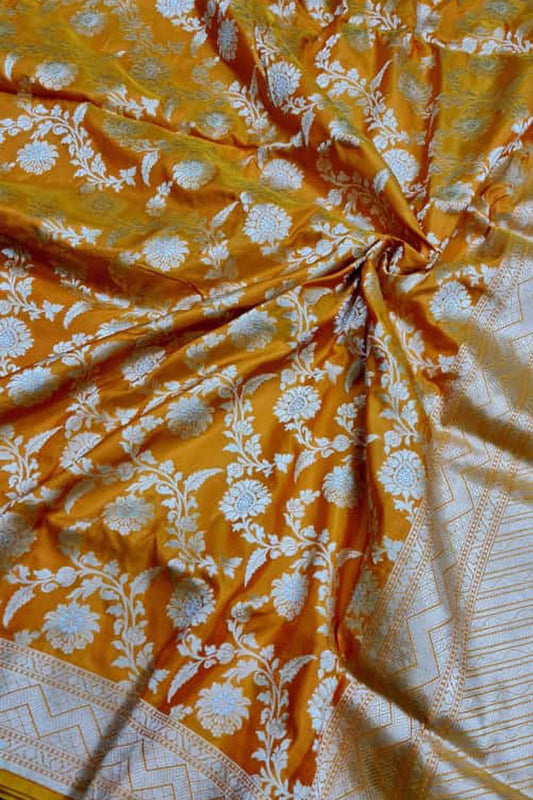 Yellow Banarasi Handloom Pure Katan Silk Sona Roopa Saree - Luxurion World