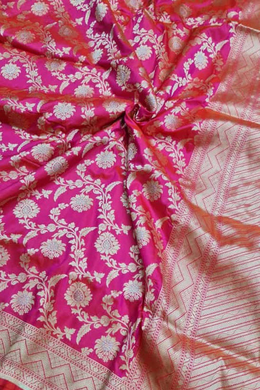 Exquisite Pink Banarasi Handloom Katan Silk Sona Roopa Saree - Luxurion World