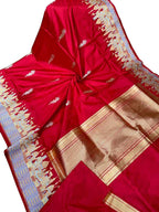 Red Handloom Banarasi Silk Saree with Ghat Design - Luxurion World