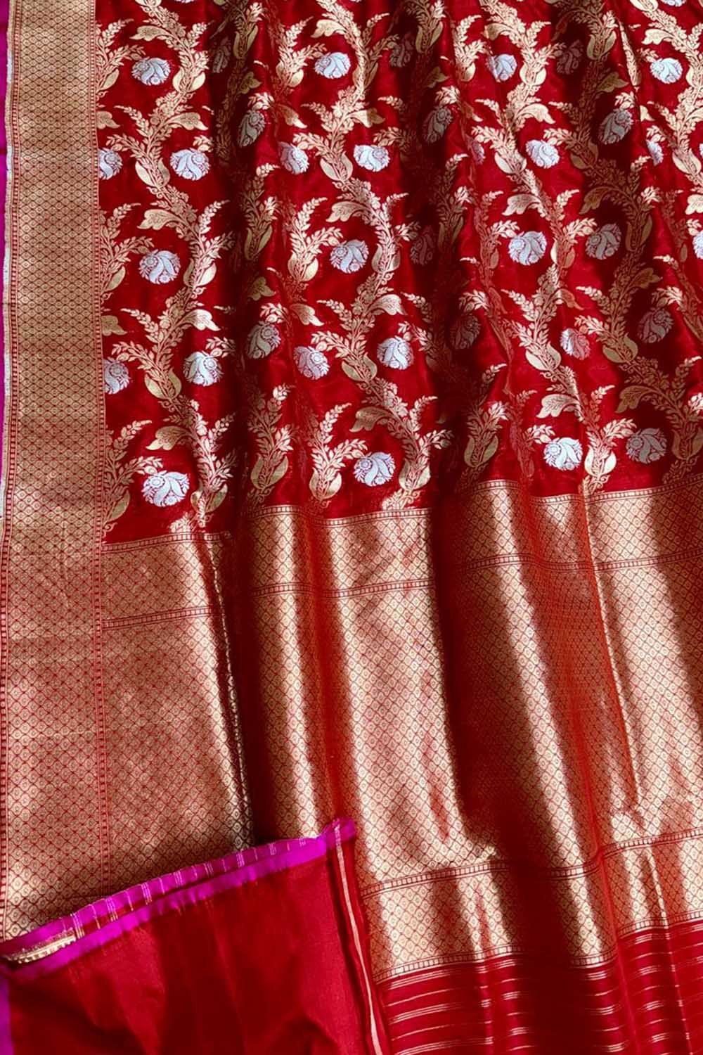 Exquisite Red Banarasi Katan Silk Saree - Handloom Beauty - Luxurion World