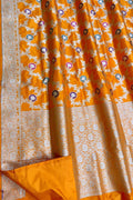 Exquisite Orange Handloom Banarasi Meenakari Pure Katan Silk Saree - Luxurion World