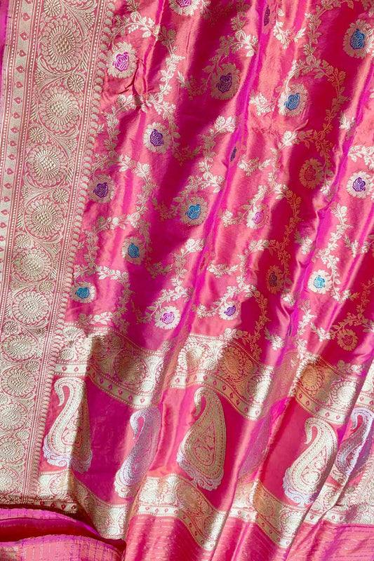 Exquisite Pink Banarasi Katan Silk Meenakari Saree - Luxurion World