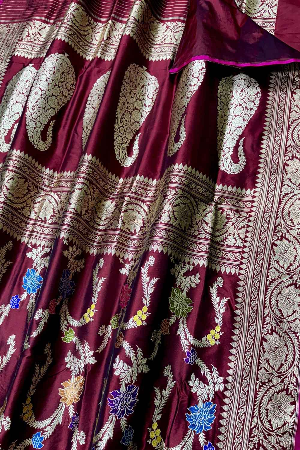 Elegant Maroon Banarasi Silk Meenakari Saree - Luxurion World