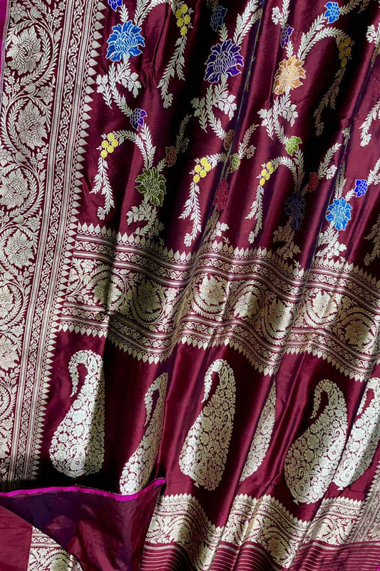 Elegant Maroon Banarasi Silk Meenakari Saree - Luxurion World