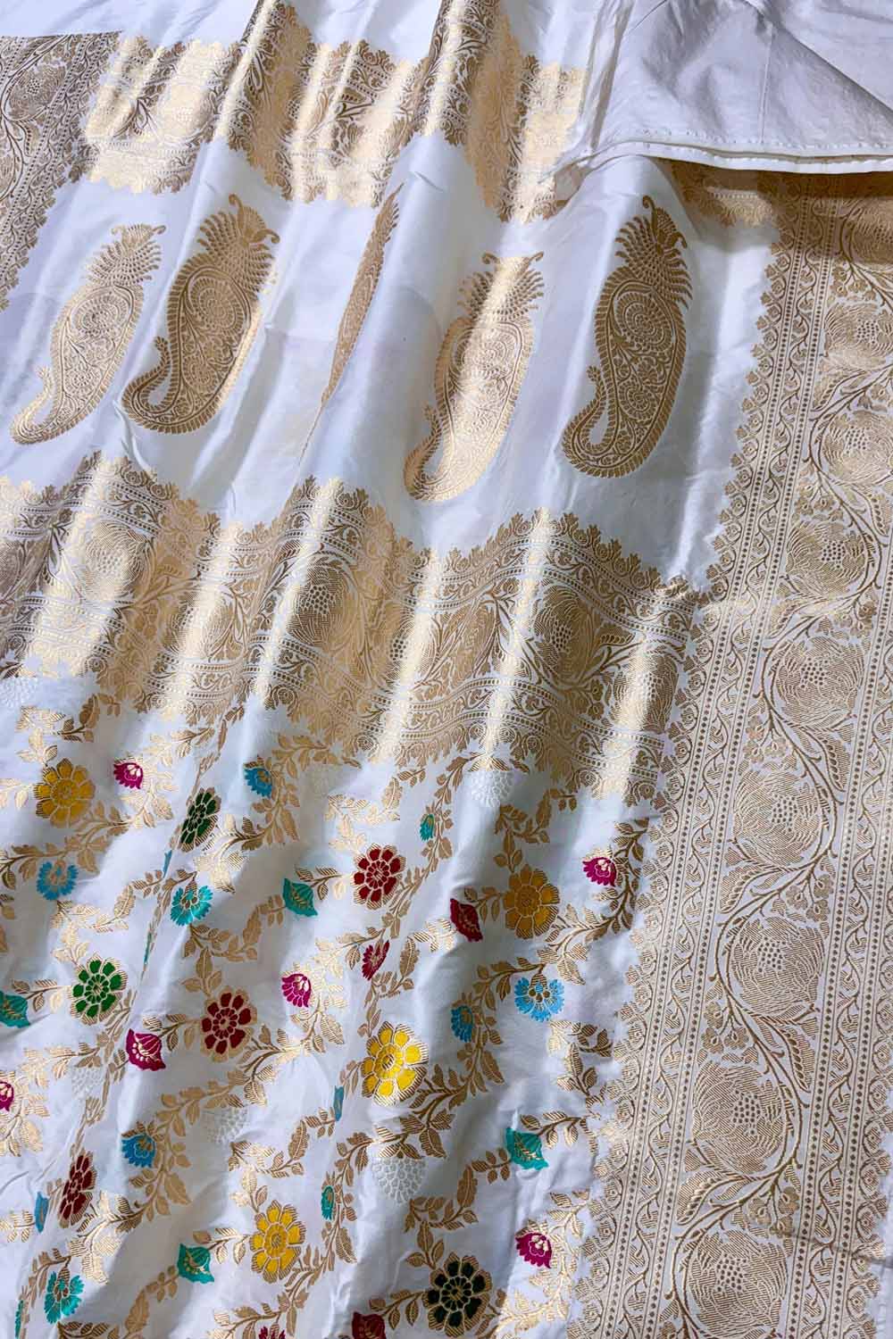 Off-White Banarasi Silk Saree with Meenakari Mirror & Bead Work