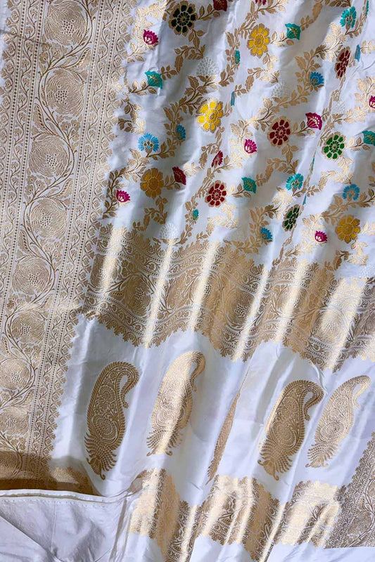 Elegant Off White Banarasi Silk Meenakari Saree - Luxurion World