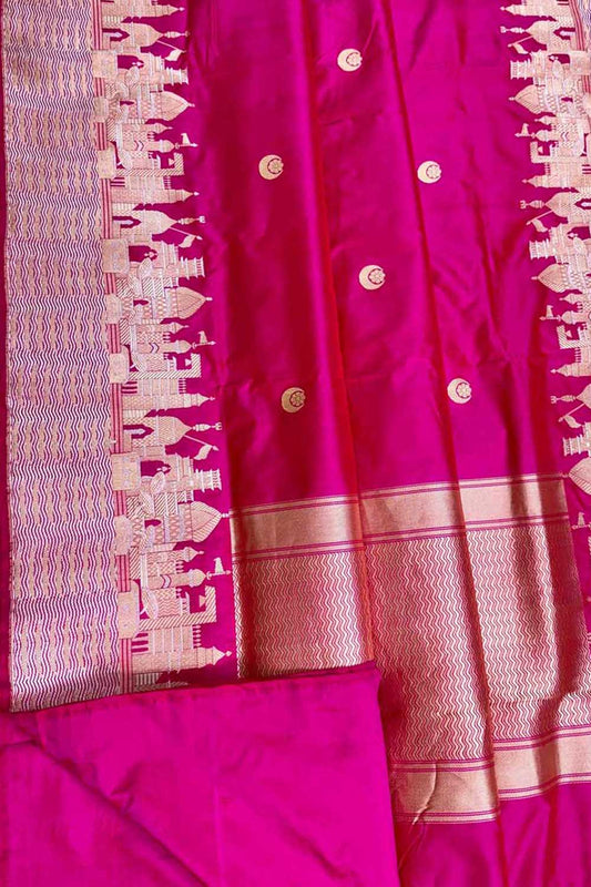 Exquisite Pink Banarasi Handloom Pure Katan Silk Ghat Design Saree - Luxurion World
