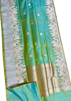 Exquisite Green Shot Banarasi Handloom Pure Katan Silk Ghat Design Saree - Luxurion World