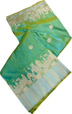Exquisite Green Shot Banarasi Handloom Pure Katan Silk Ghat Design Saree - Luxurion World