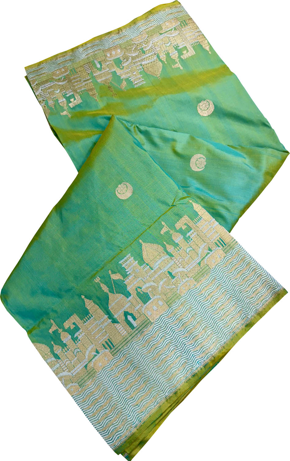 Exquisite Green Shot Banarasi Handloom Pure Katan Silk Ghat Design Saree - Luxurion World